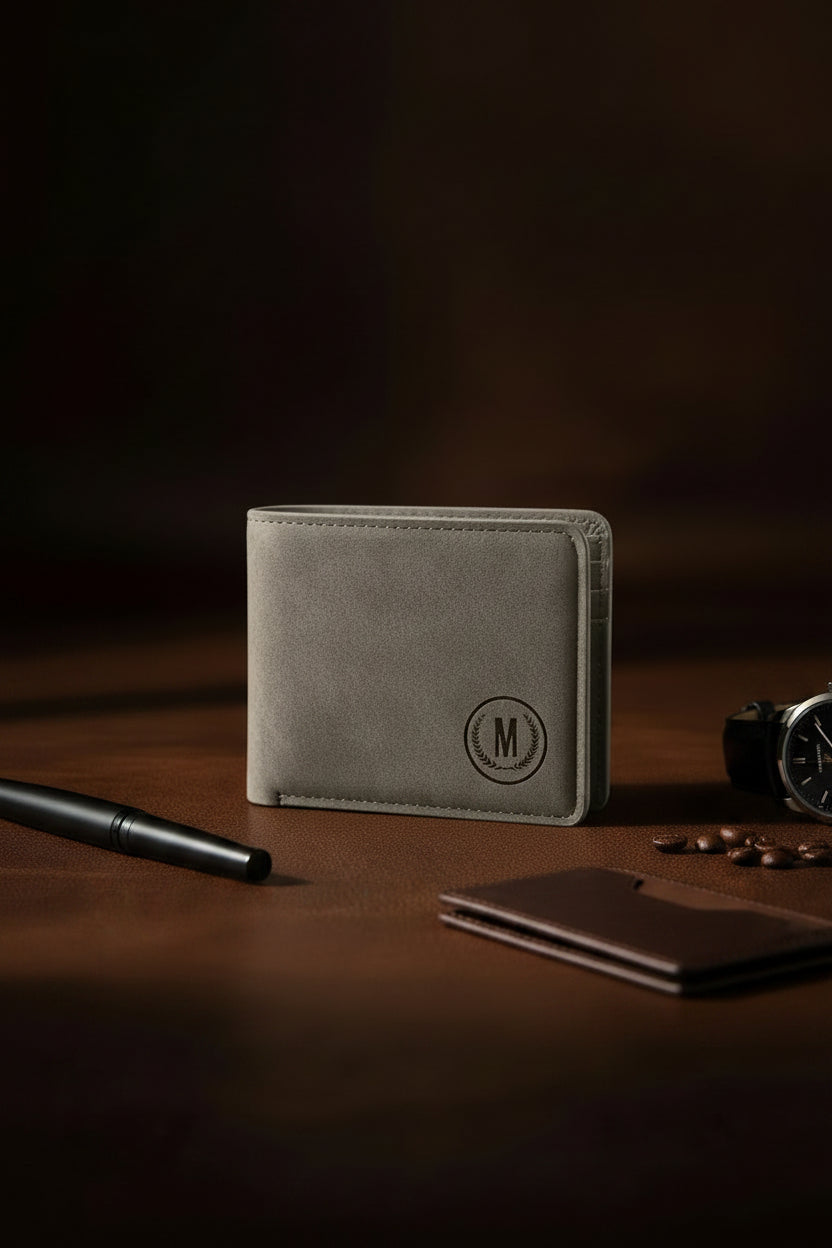 Gray wallet with a brand logo on a wooden table with tools in the background