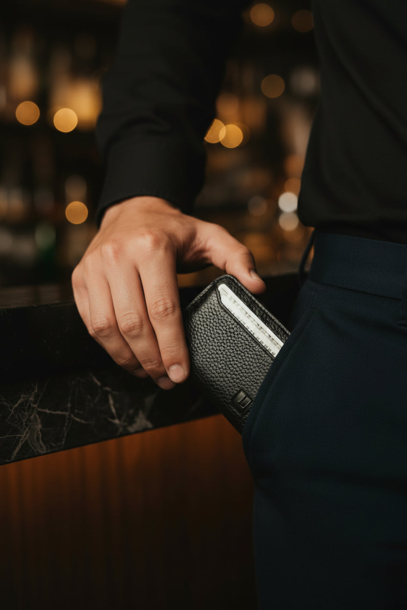 Person holding a black textured wallet with a blurred background