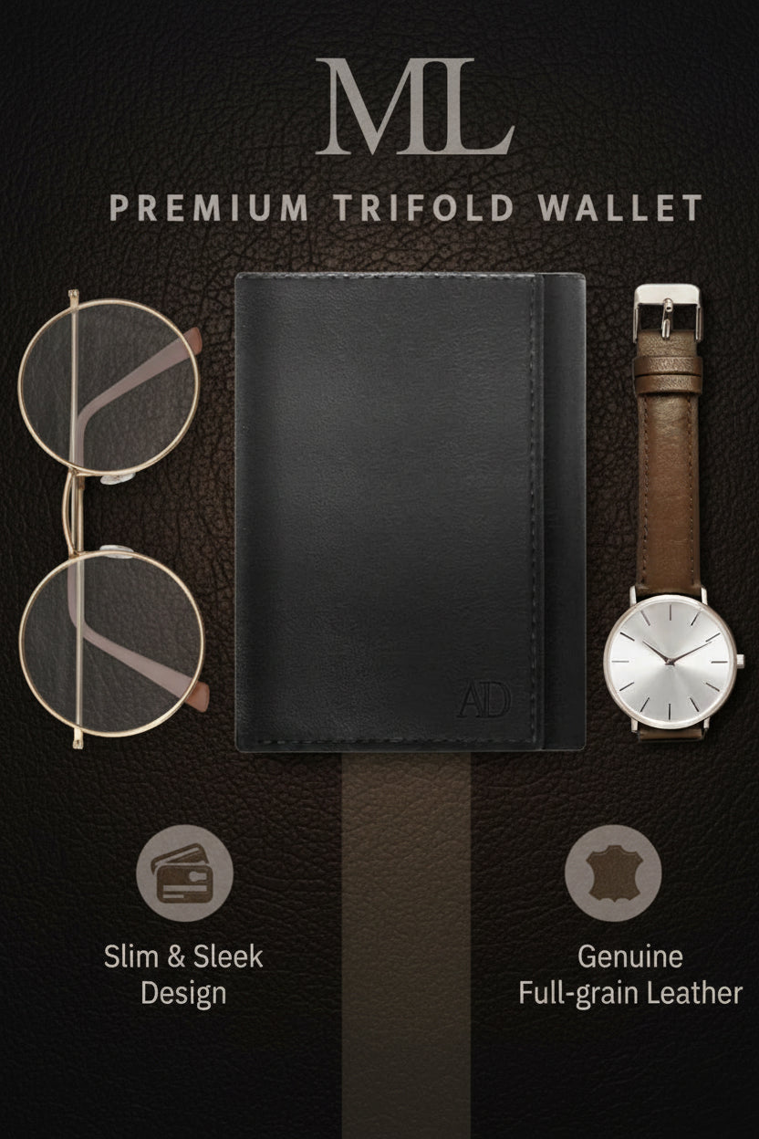 Black trifold wallet, gold-rimmed glasses, and brown watch on a light gray background with 'AD' branding.